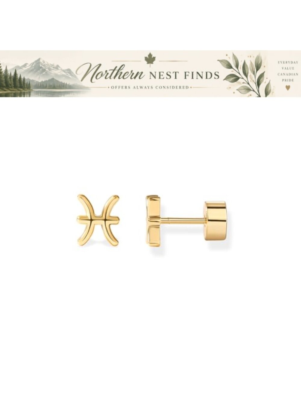 14K Yellow Gold Plated Sterling Silver Pisces Zodiac Flat Back Stud Earrings